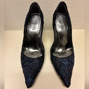 GUESS Carrilee Navy Blue Lace Heels 7.5
